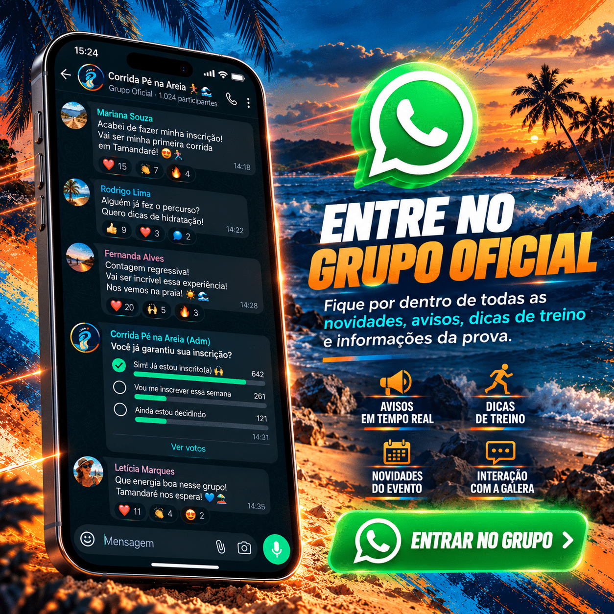 Entre no grupo oficial da Corrida Pé na Areia no WhatsApp